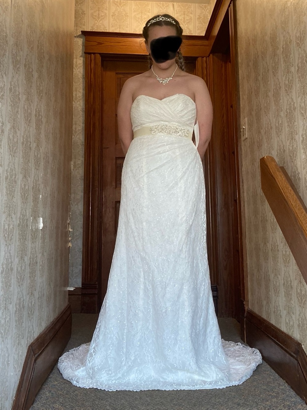 David's Bridal Ivory Lace Wedding Gown with Beaded Sash